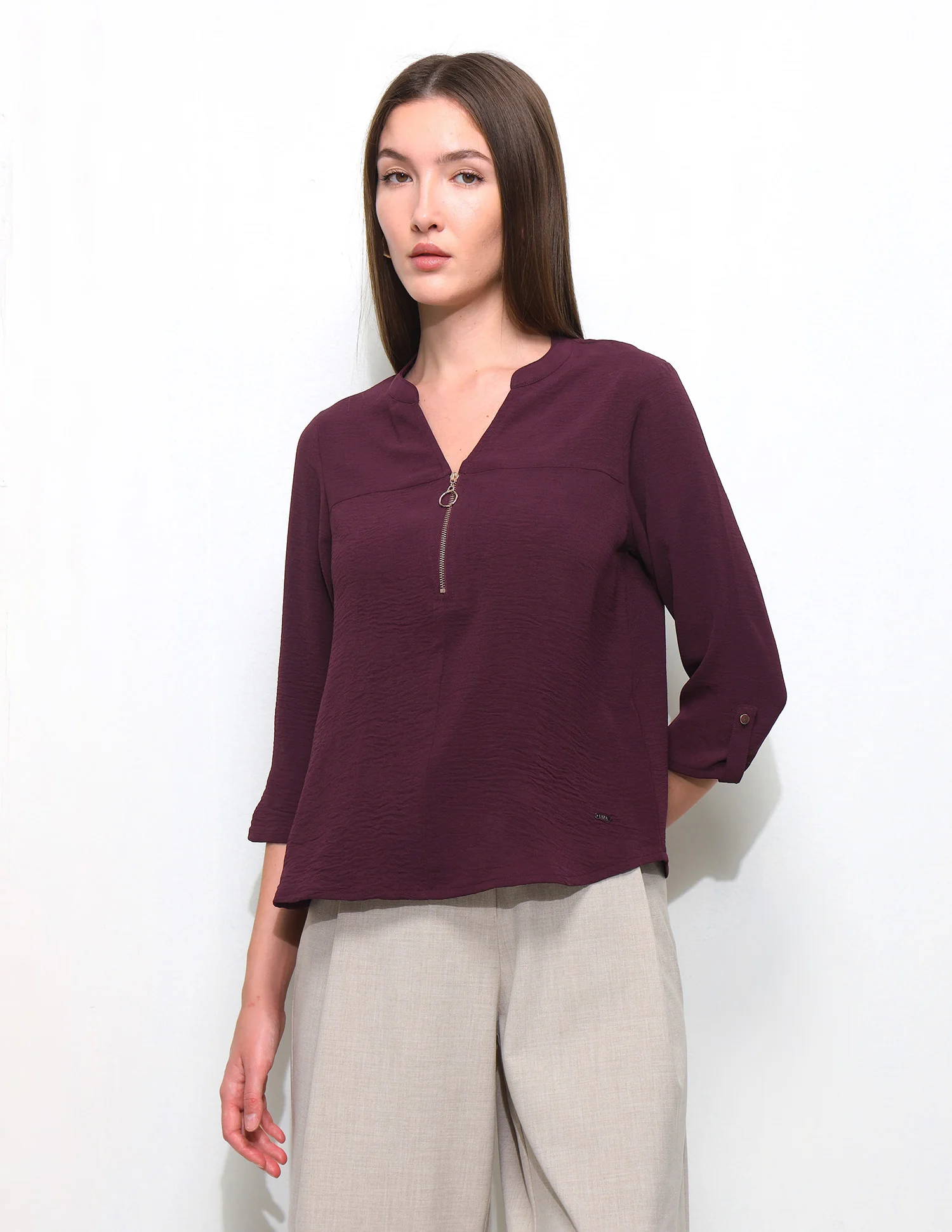 Cut And Sew Solid Front Zip Top - Image 6