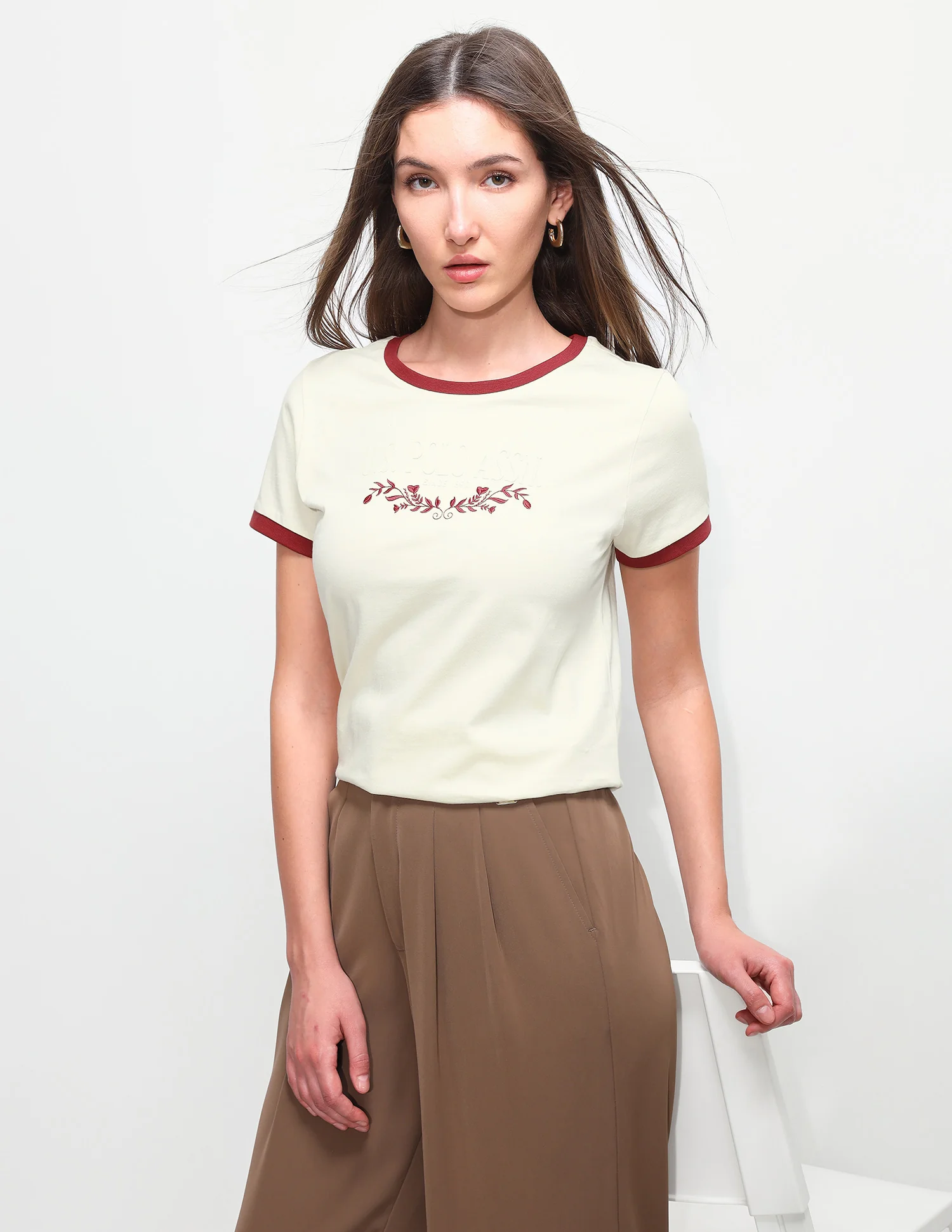 Floral Embroidery Regular Fit Ringer T-Shirt