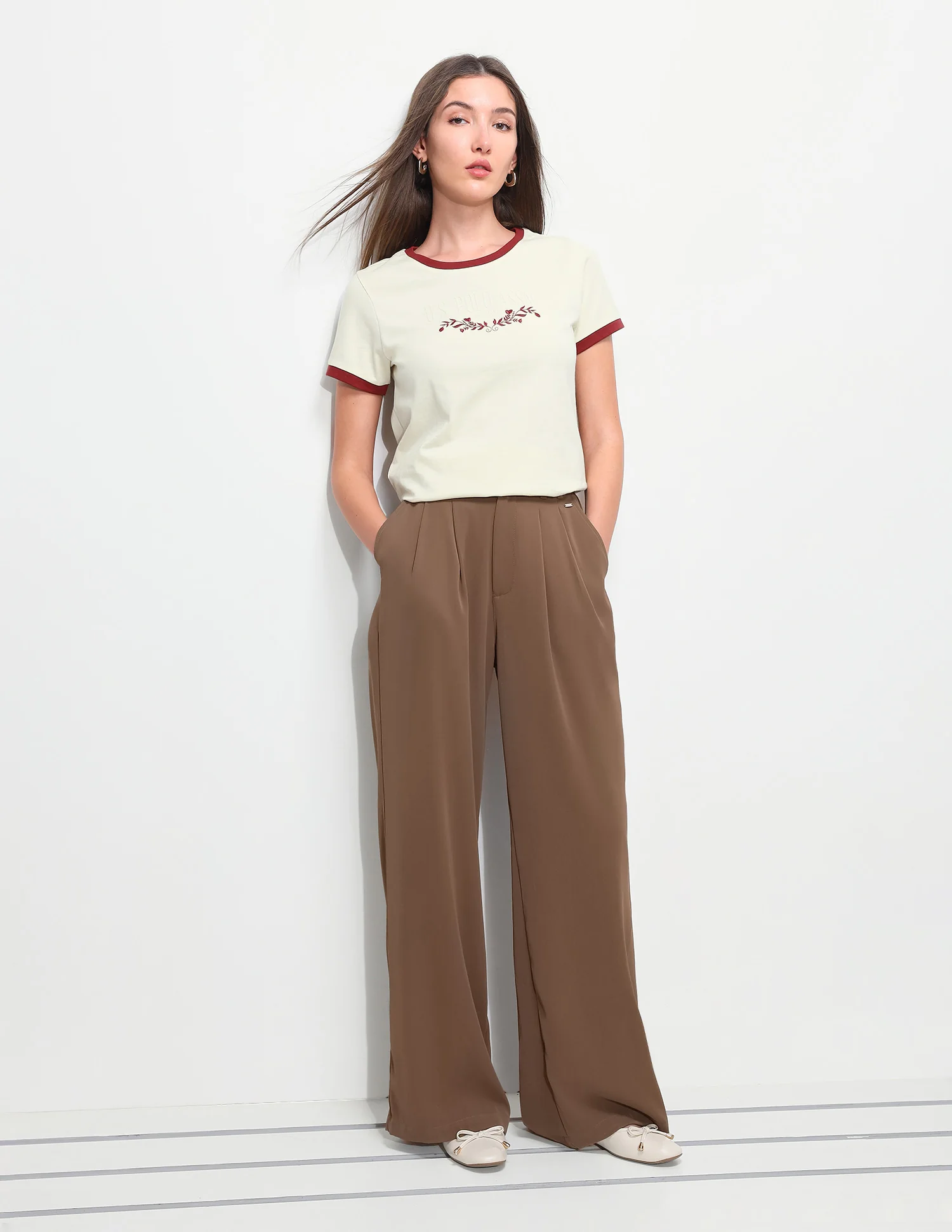 Floral Embroidery Regular Fit Ringer T-Shirt - Image 3