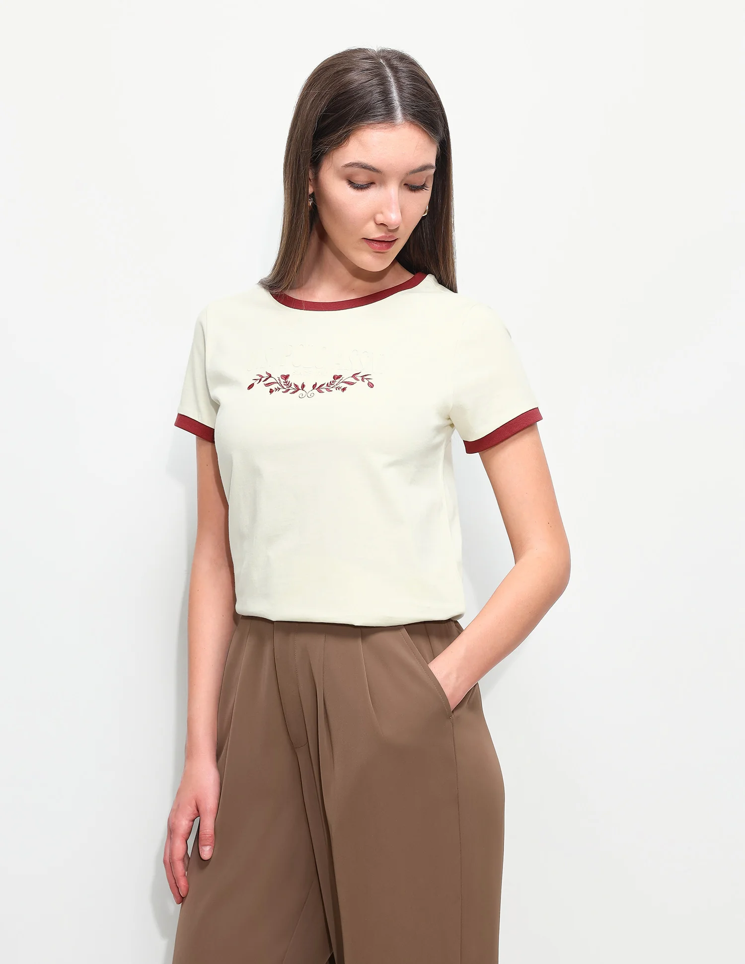 Floral Embroidery Regular Fit Ringer T-Shirt - Image 4