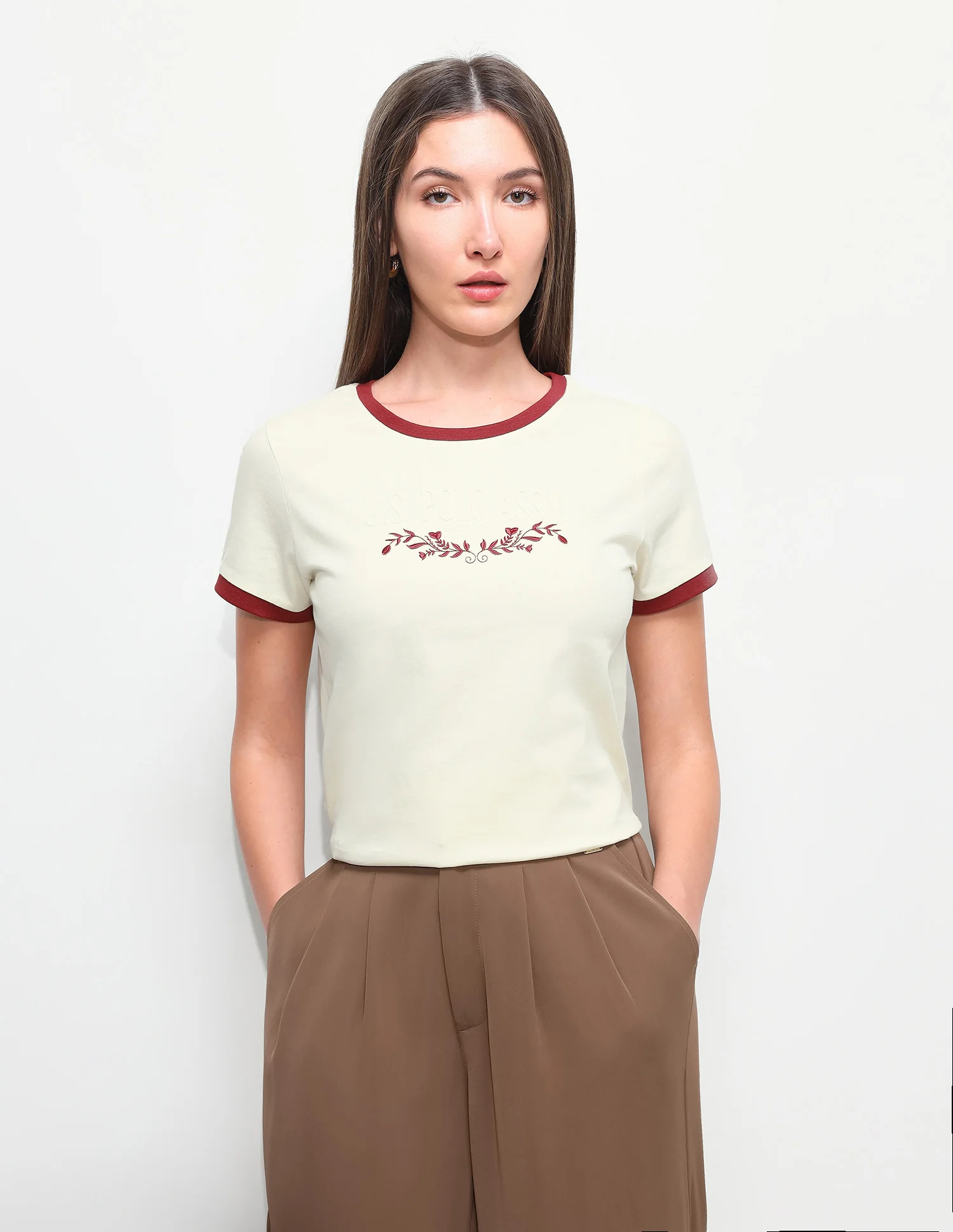 Floral Embroidery Regular Fit Ringer T-Shirt - Image 6