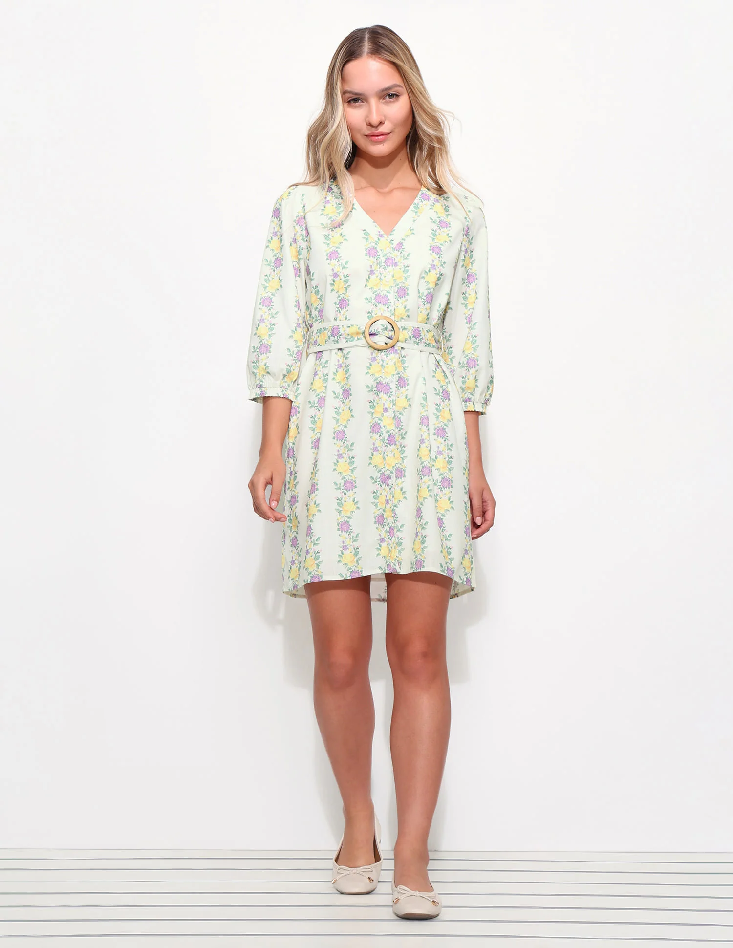 Floral Printed A-Line Dress With Belt - Image 3