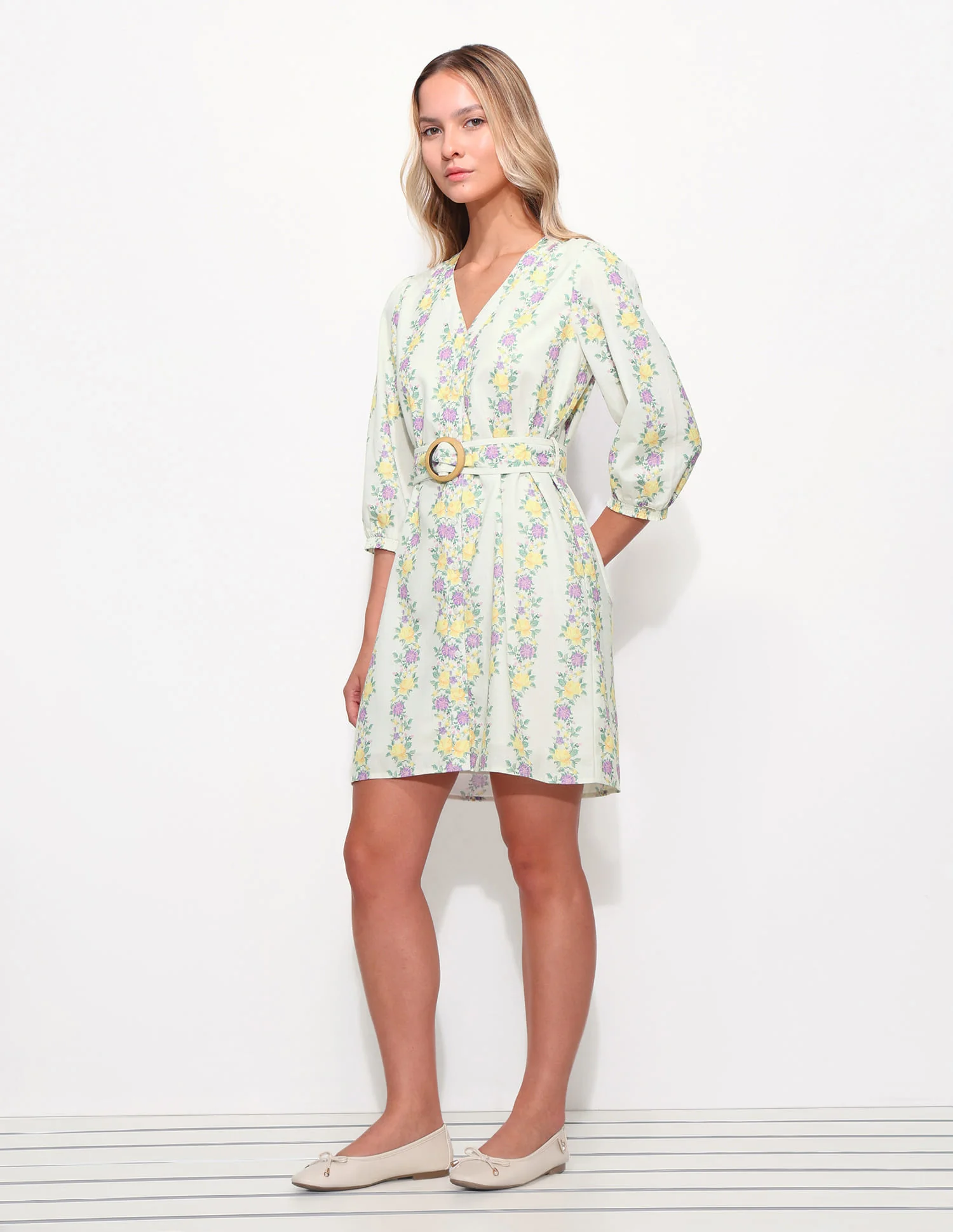 Floral Printed A-Line Dress With Belt - Image 4