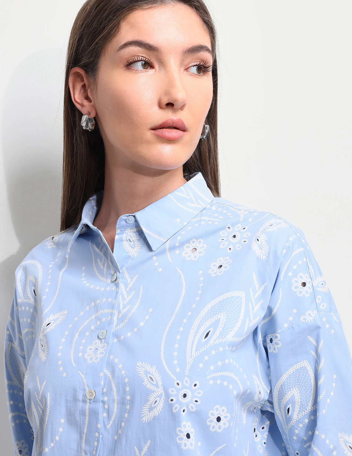 Floral Printed Cut Work Oversized Fit Shirt - Image 7