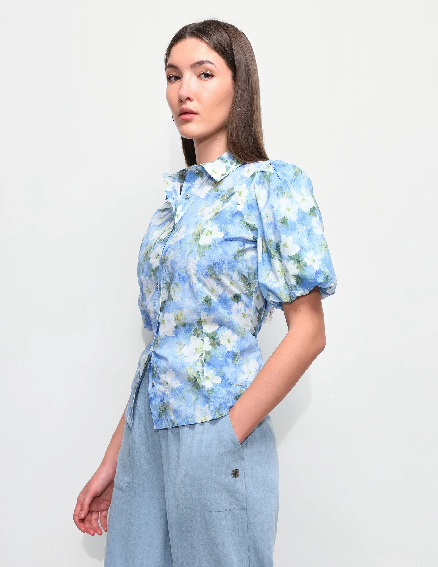 Floral Printed Fitted Puff Sleeve Shirt - Image 4