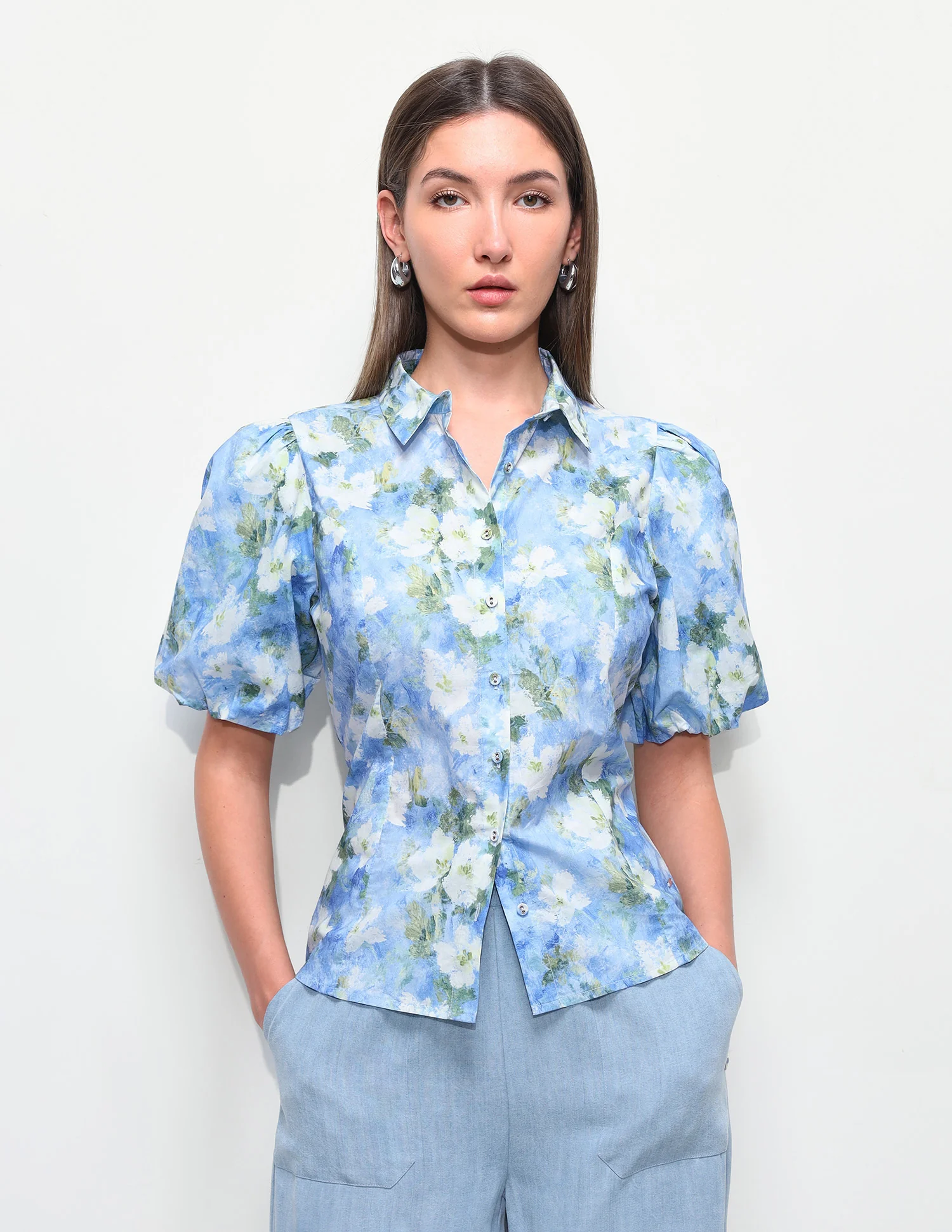 Floral Printed Fitted Puff Sleeve Shirt - Image 6