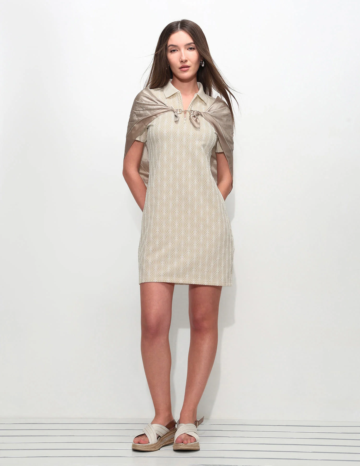 Geometric Self Design Polo Shirt Dress - Image 3
