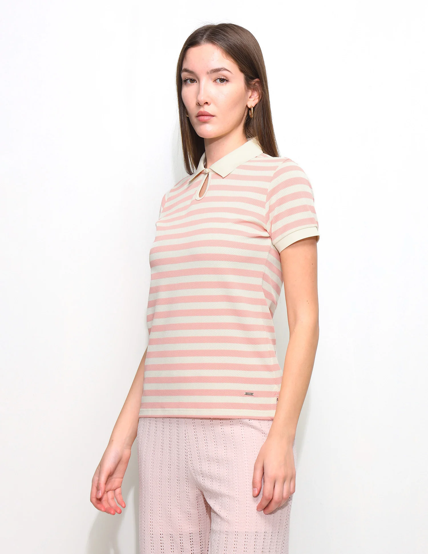 Horizontal Striped Key Hole Polo Shirt - Image 4