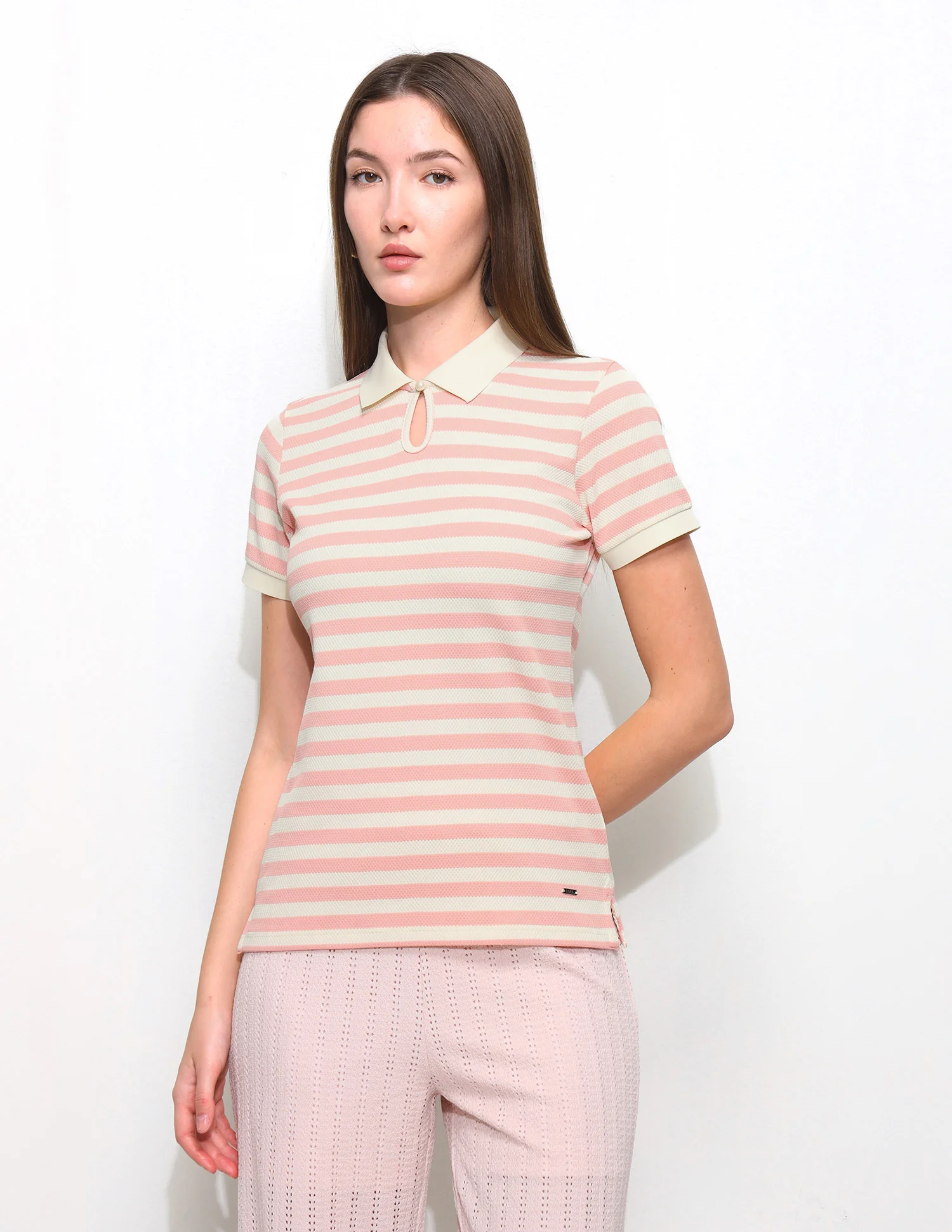 Horizontal Striped Key Hole Polo Shirt - Image 6