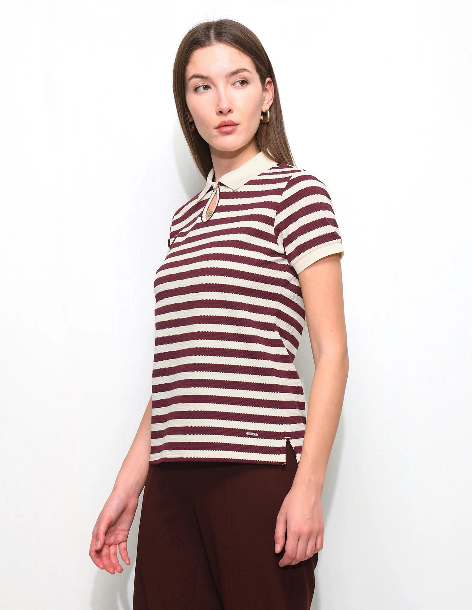 Horizontal Striped Key Hole Polo Shirt - Image 4