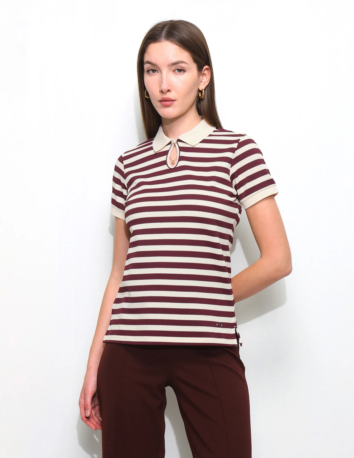 Horizontal Striped Key Hole Polo Shirt - Image 6