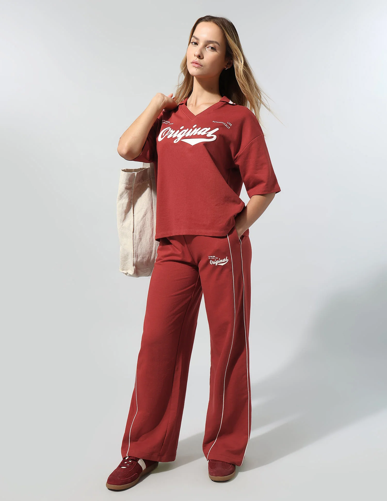 Polo Collar T-Shirt With Wide Leg Pants