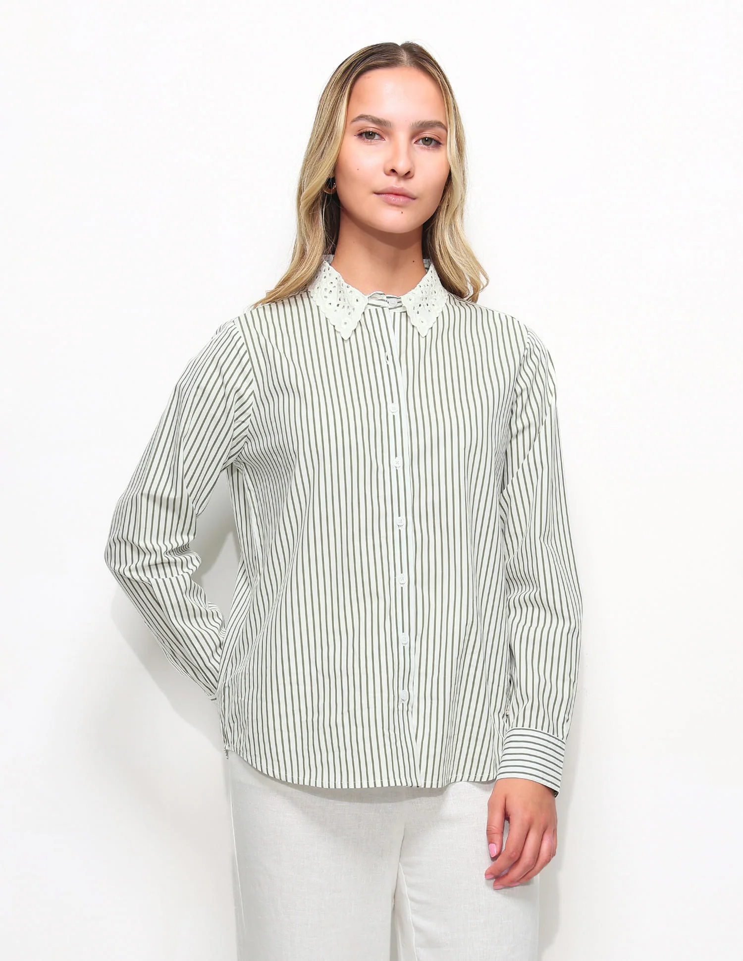 Regular Fit Striped Shirt With Schiffli Collar - Image 6
