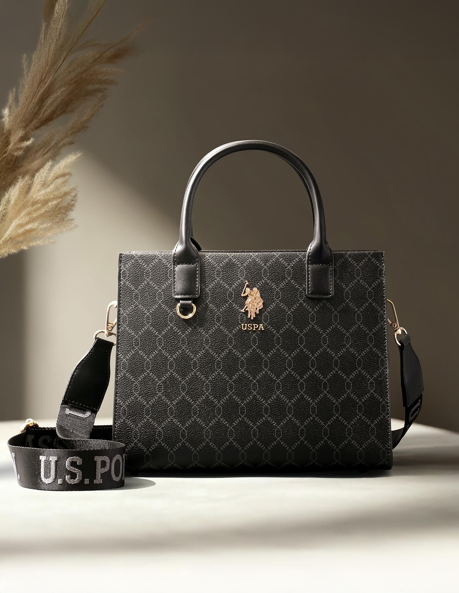 Scarlet Black Monogram Printed Satchel Handbag with Dual Handles