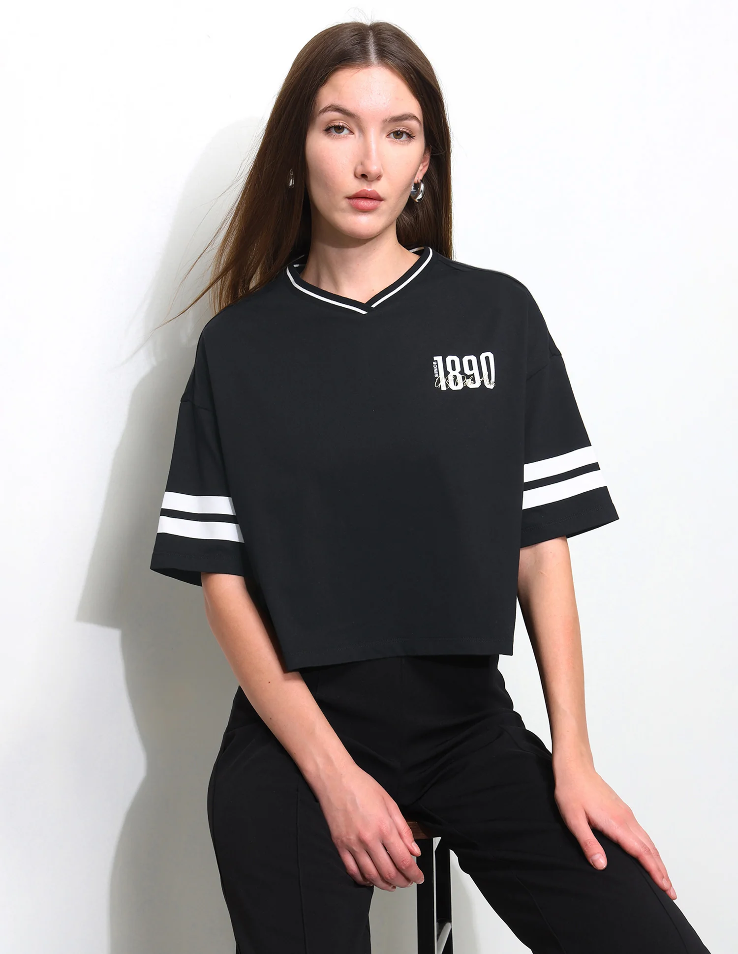Solid Boxy Fit Varsity T-Shirt