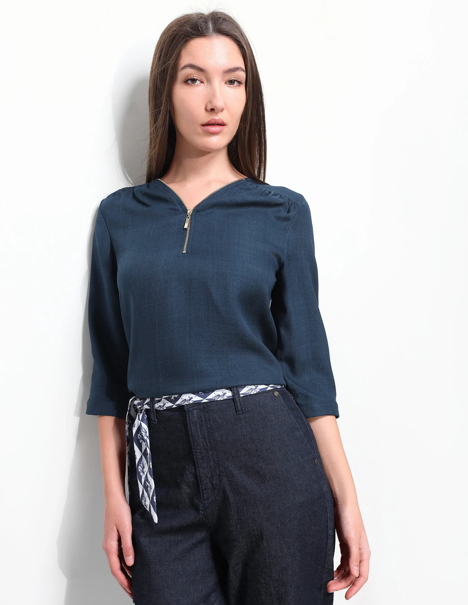 Solid Regular Fit Zipper Top