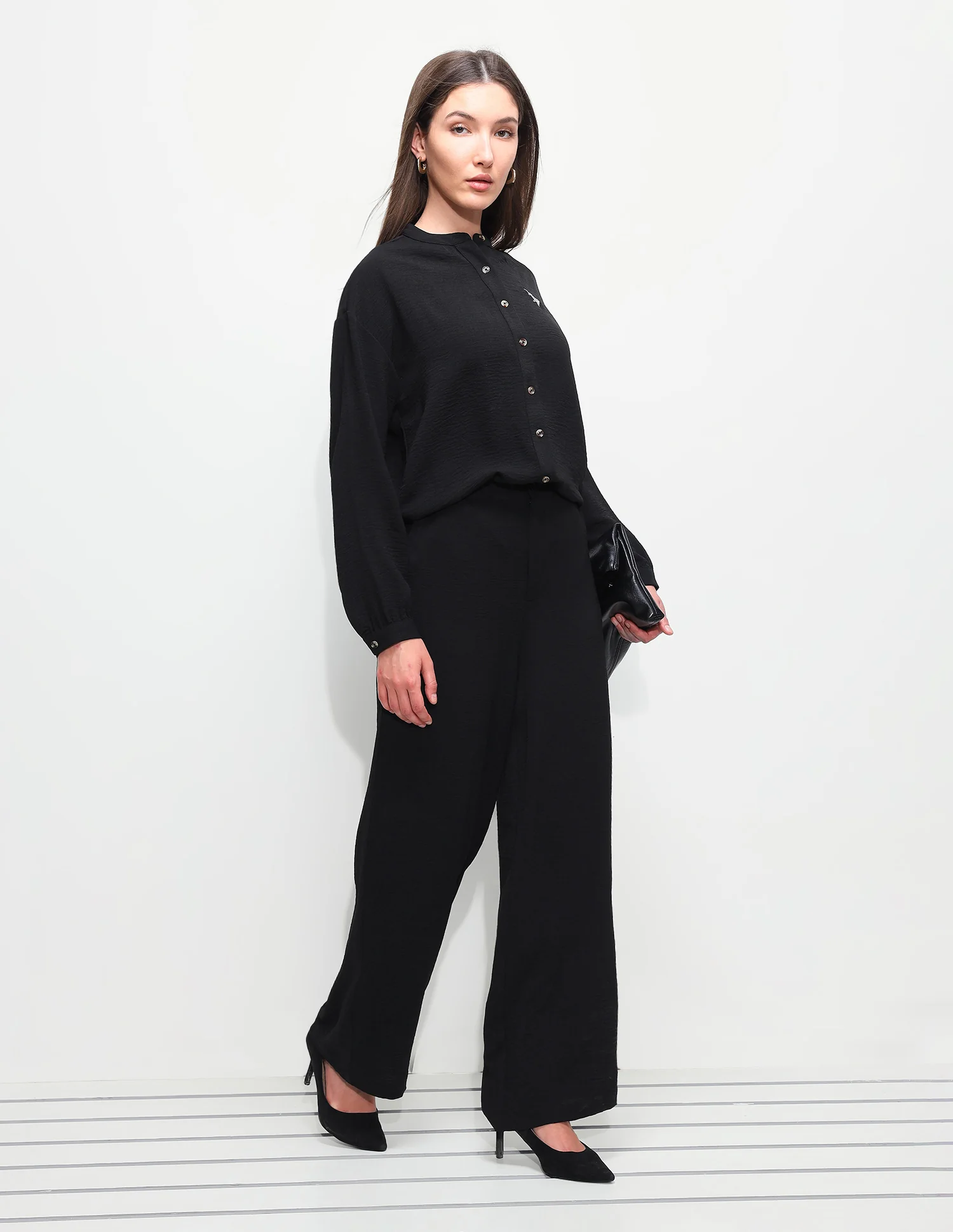 Solid Relaxed Fit Mandarin Shirt - Image 3
