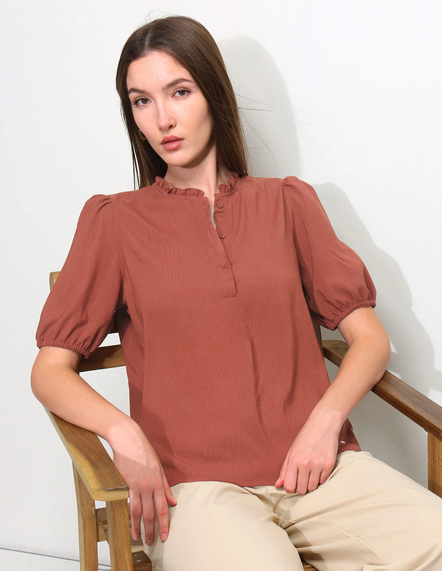 Solid Ruffle Neck Puff Sleeve Top