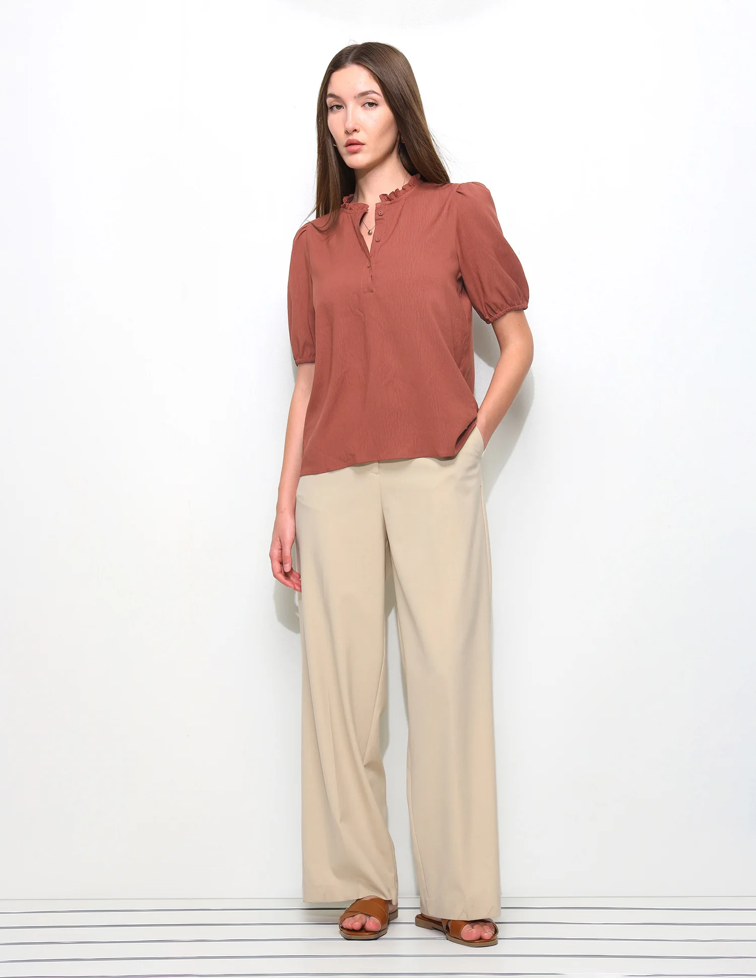 Solid Ruffle Neck Puff Sleeve Top - Image 3