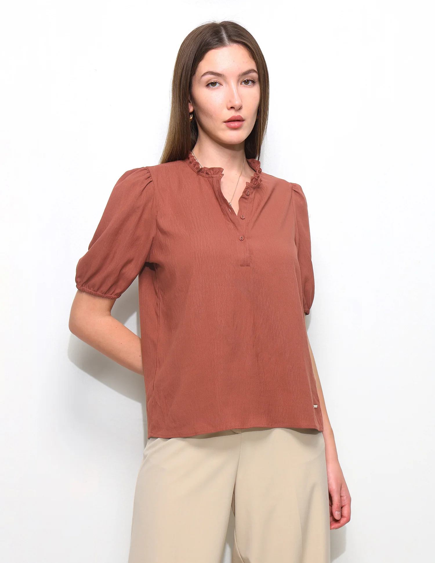Solid Ruffle Neck Puff Sleeve Top - Image 6