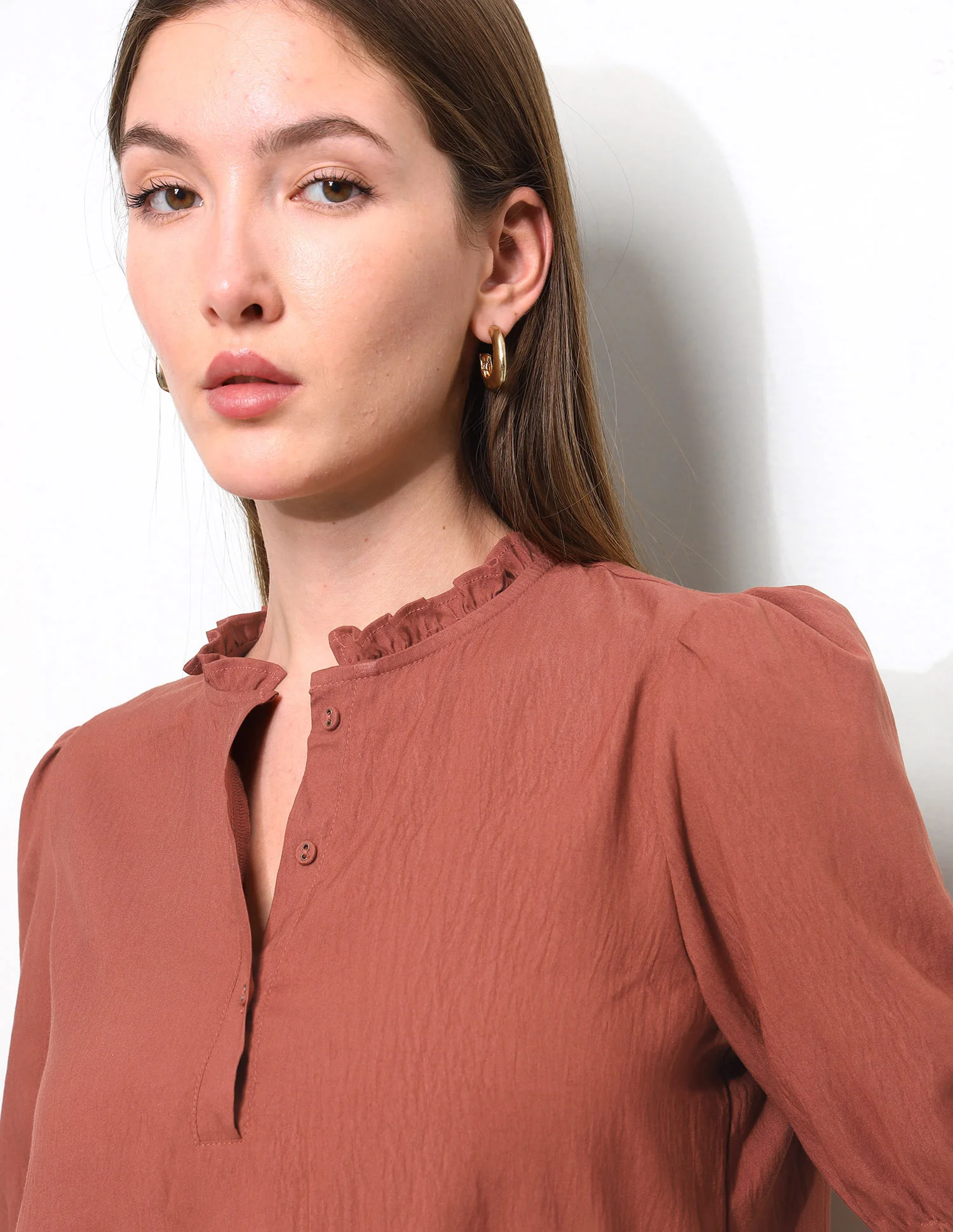 Solid Ruffle Neck Puff Sleeve Top - Image 7