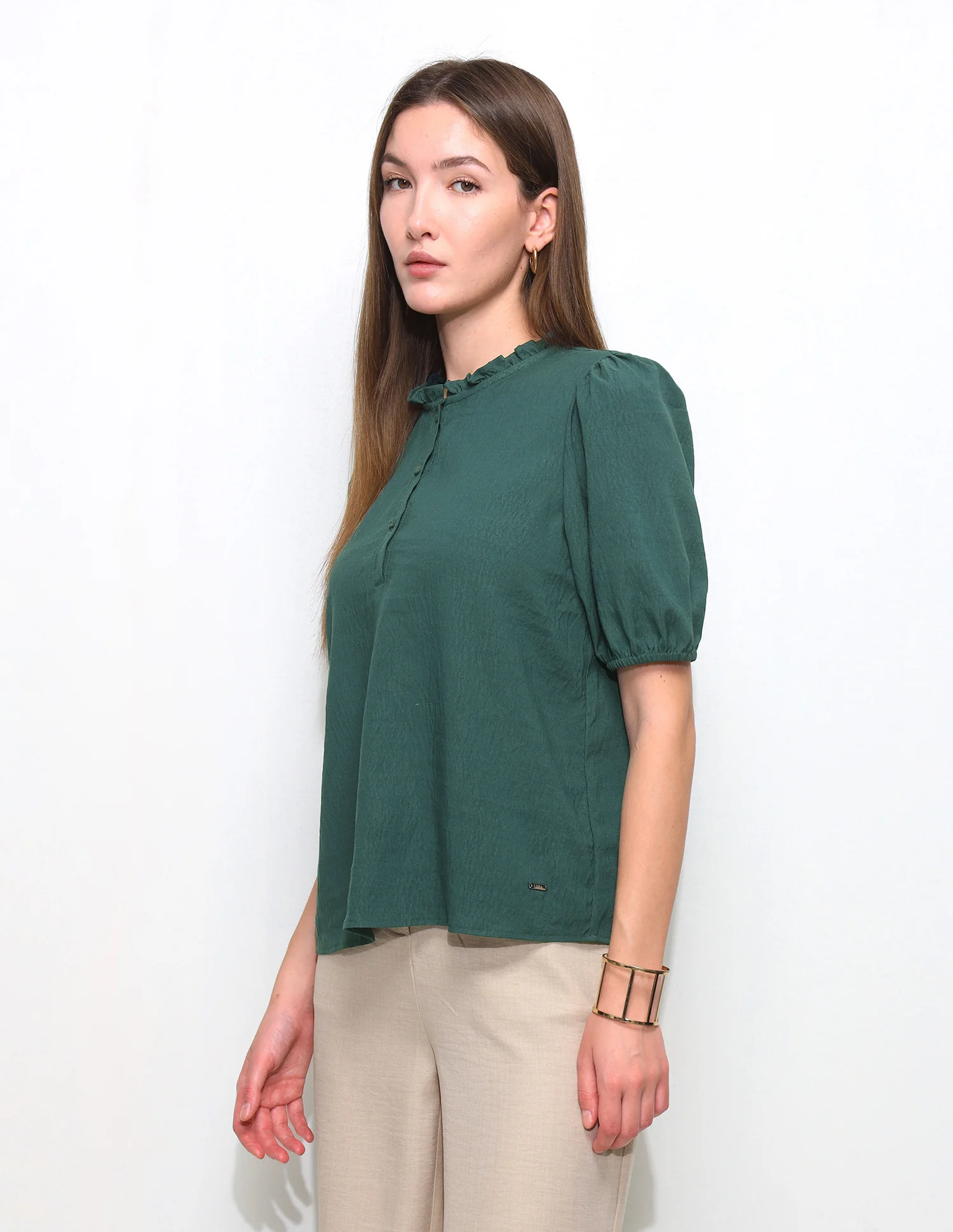 Solid Ruffle Neck Puff Sleeve Top - Image 4