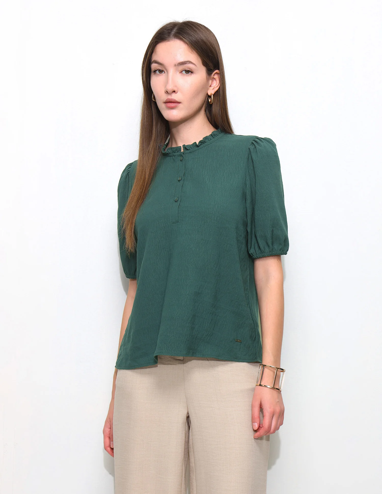 Solid Ruffle Neck Puff Sleeve Top - Image 6