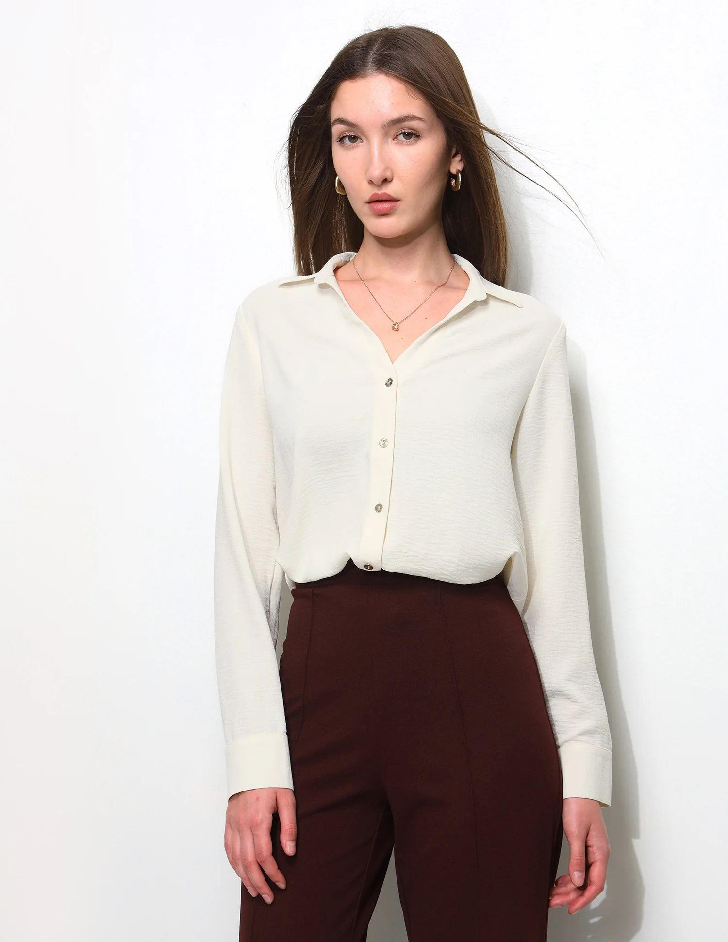 Solid V Neck Collar Shirt