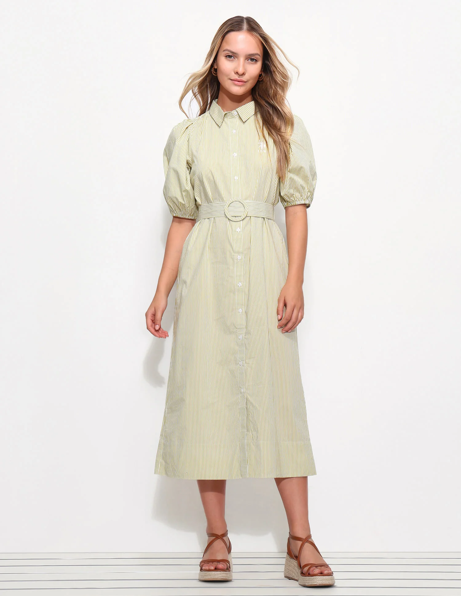 Striped Midi Shirt Dress With Belt - Image 3