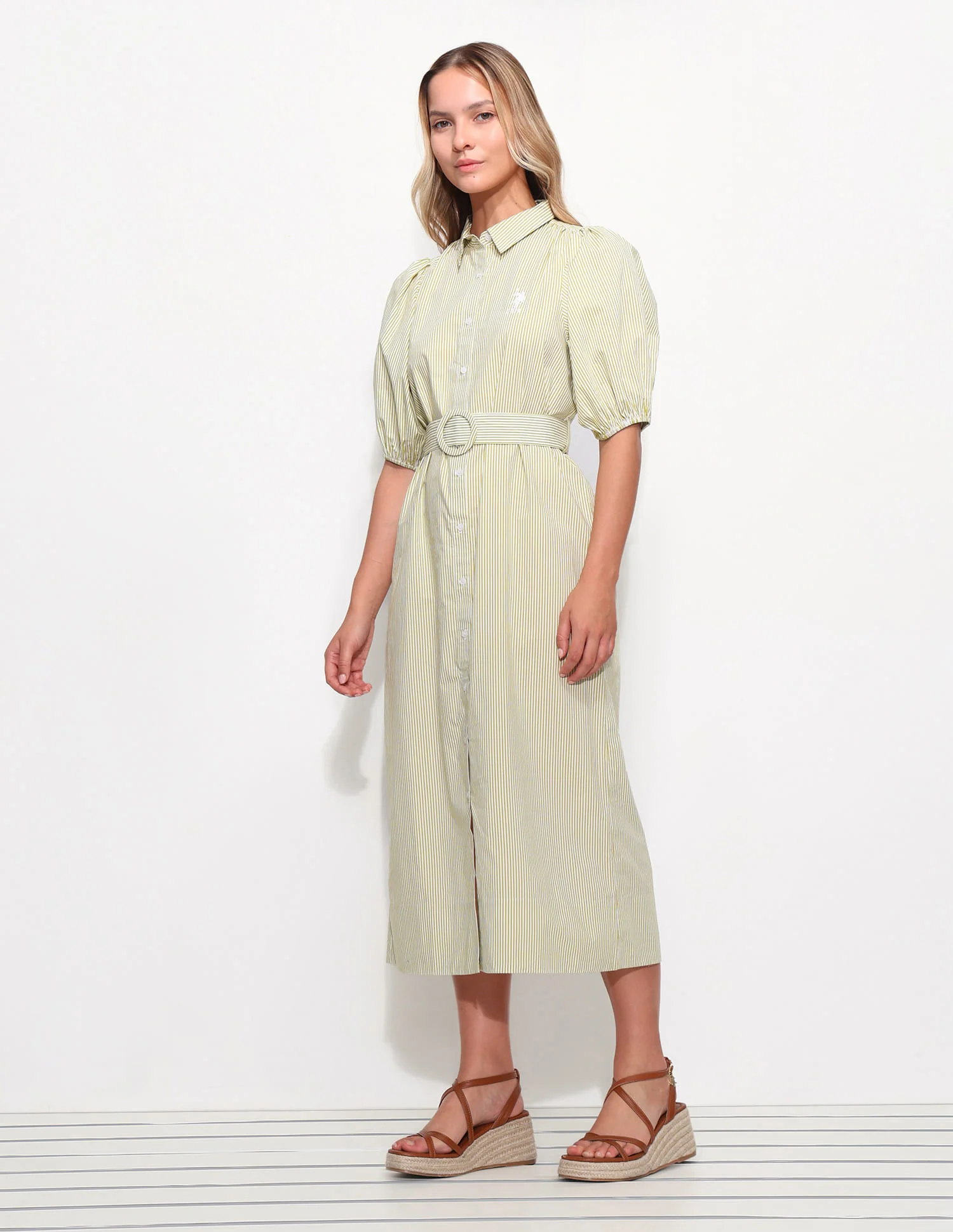 Striped Midi Shirt Dress With Belt - Image 4
