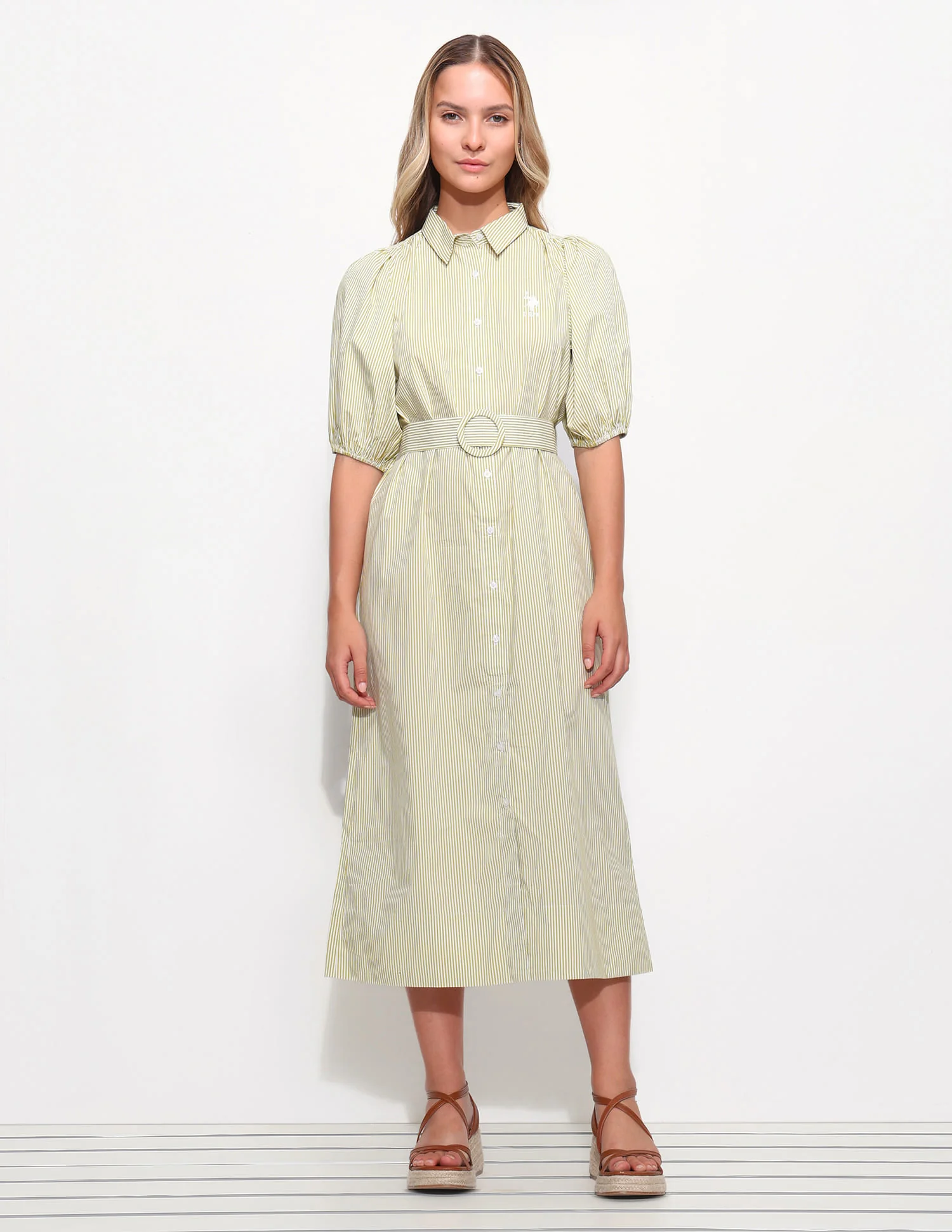 Striped Midi Shirt Dress With Belt - Image 6