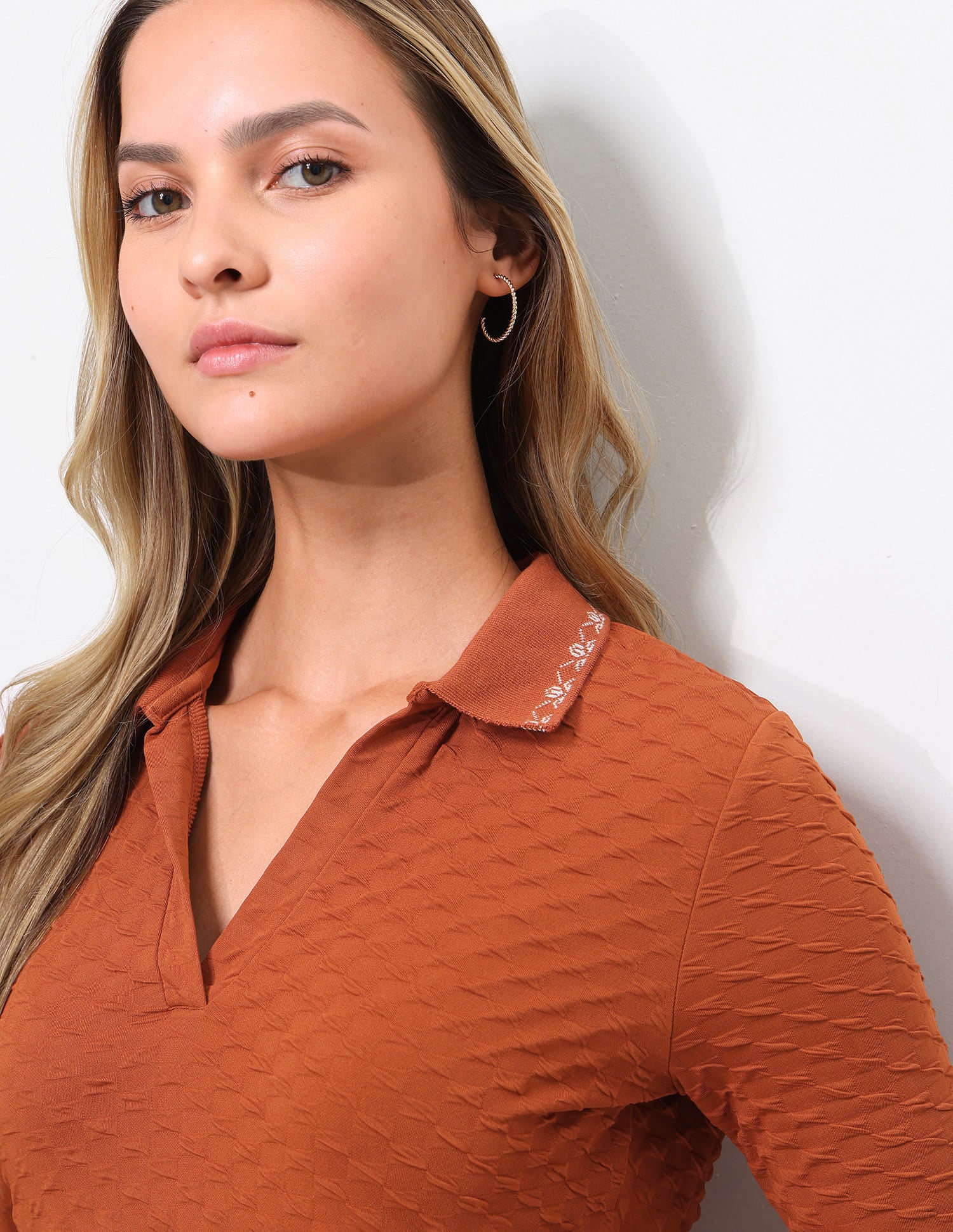 Textured Embroidered Polo Dress - Image 7