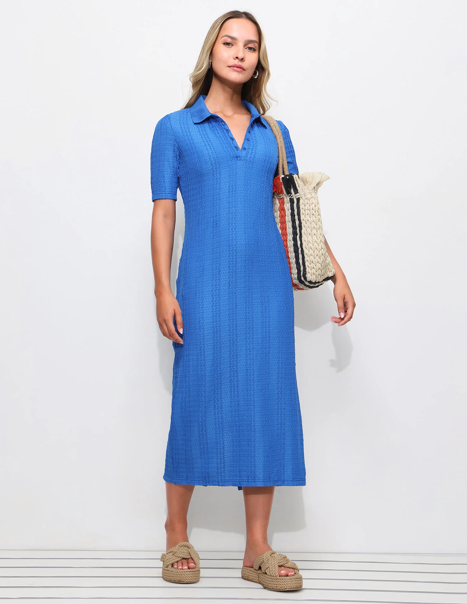 Textured Scallop Detail Polo Dress - Image 3