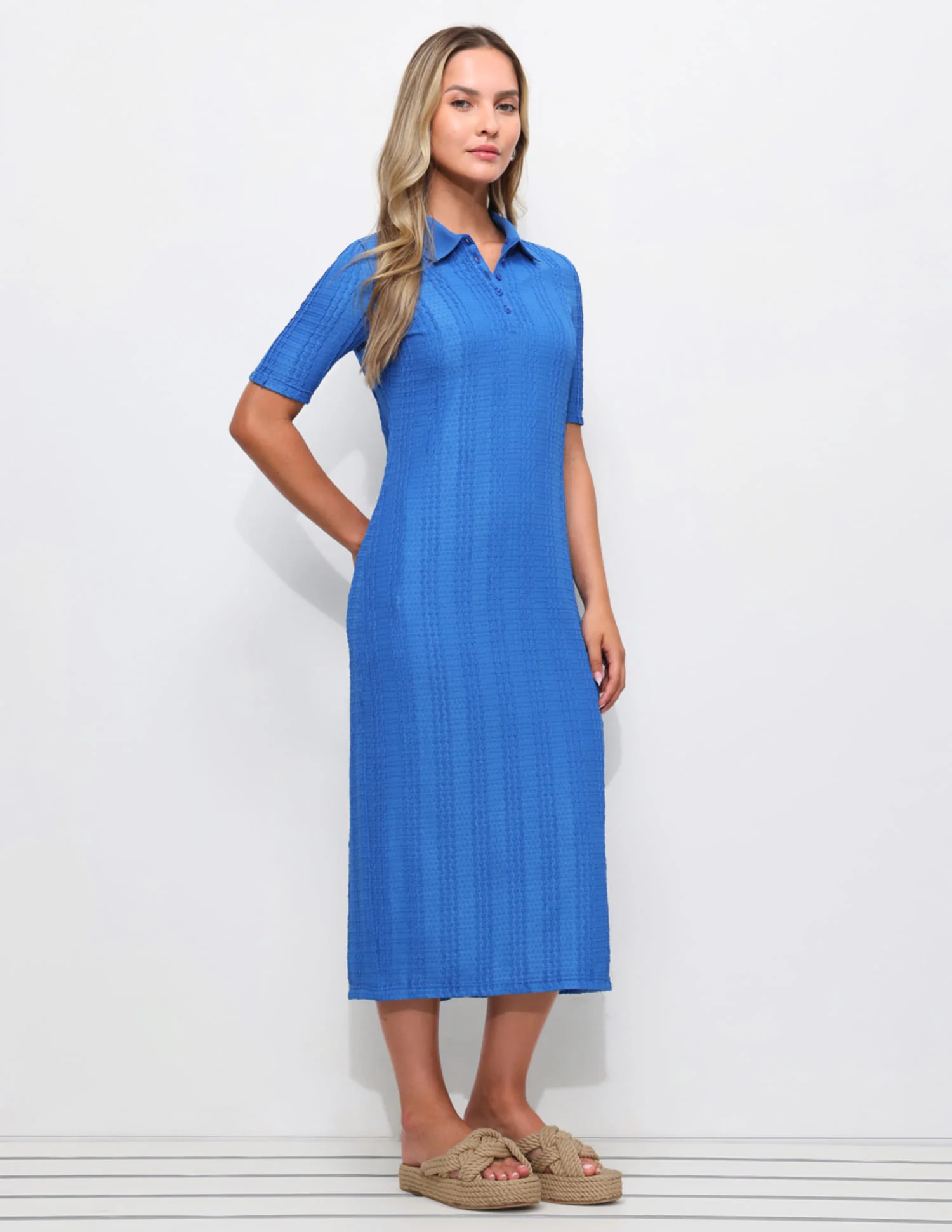 Textured Scallop Detail Polo Dress - Image 4