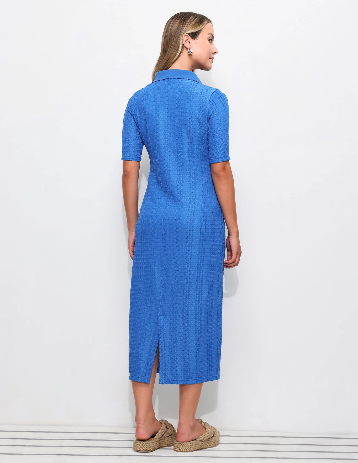 Textured Scallop Detail Polo Dress - Image 5