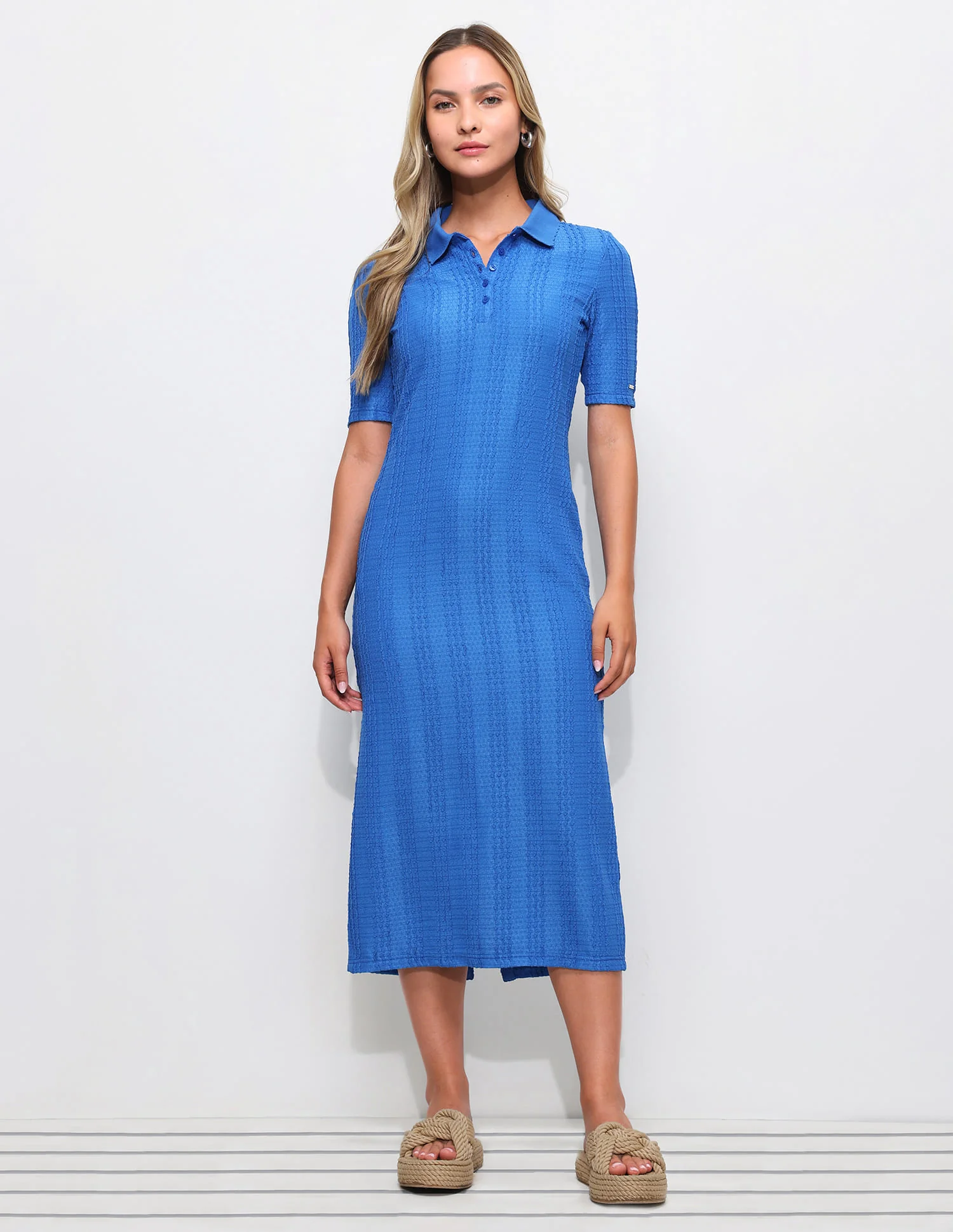 Textured Scallop Detail Polo Dress - Image 6