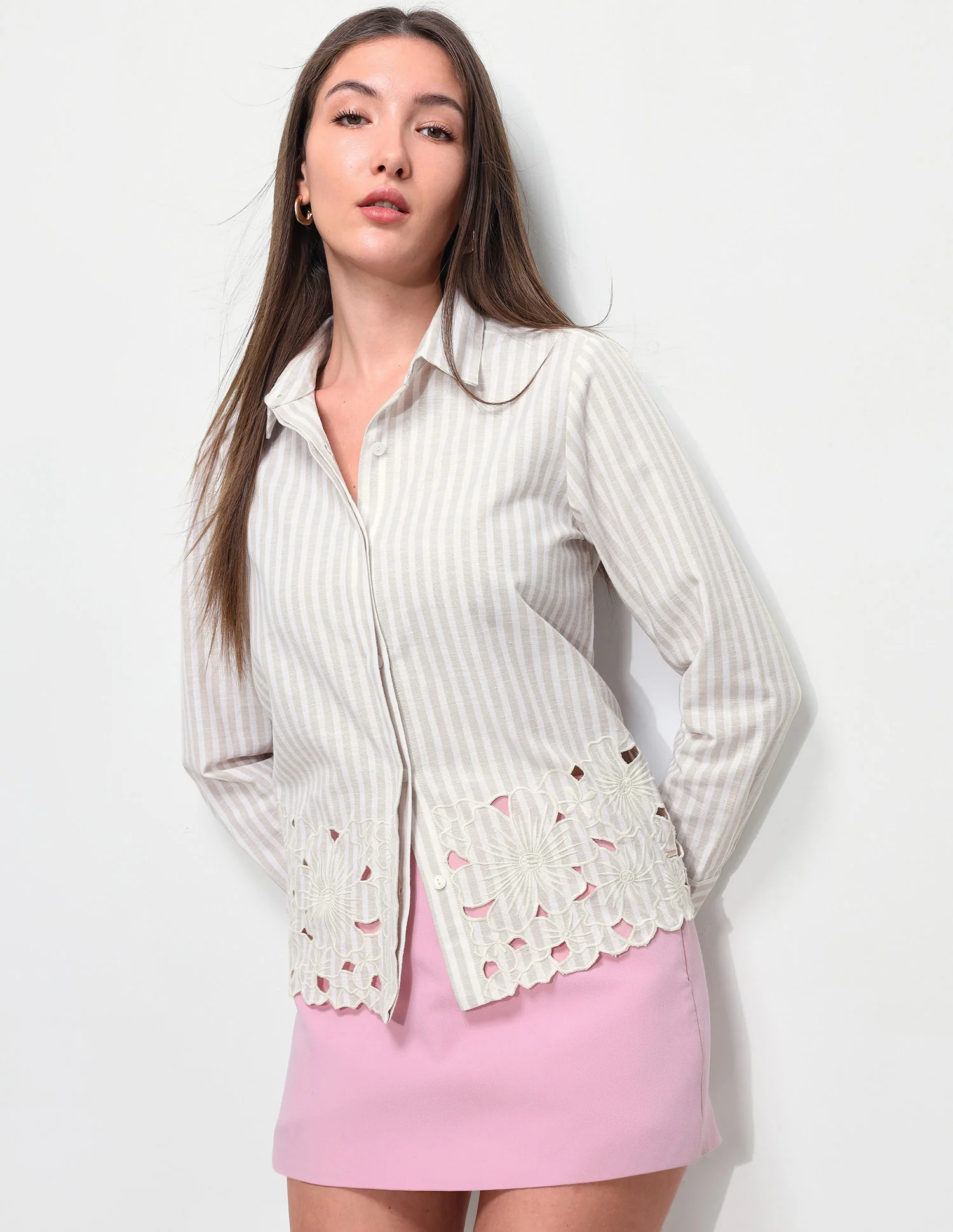 Vertical Stripes Floral Embroidery Relaxed Fit Shir