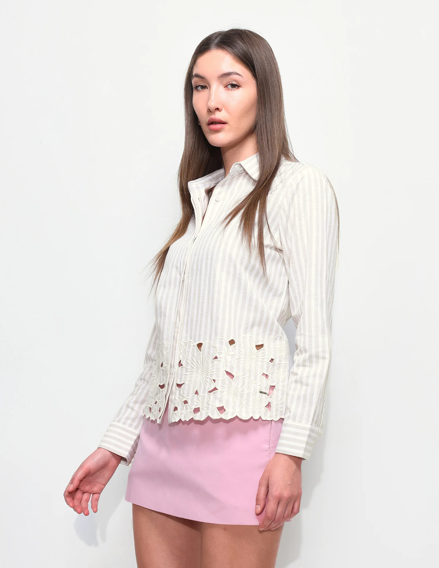 Vertical Stripes Floral Embroidery Relaxed Fit Shir - Image 4