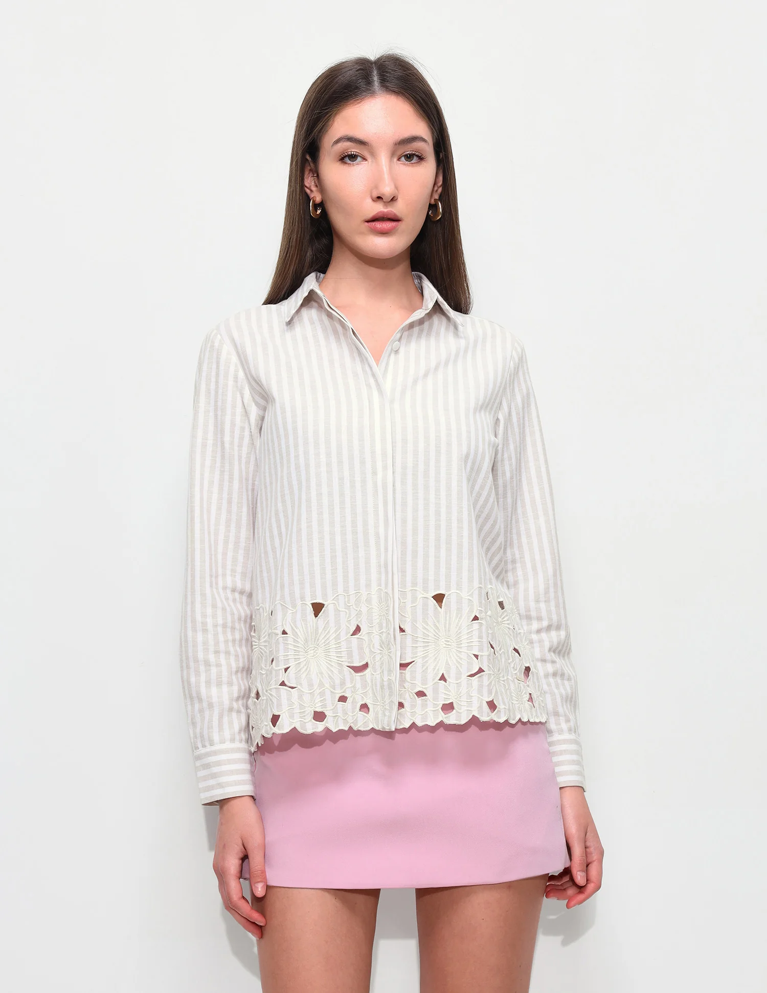 Vertical Stripes Floral Embroidery Relaxed Fit Shir - Image 6