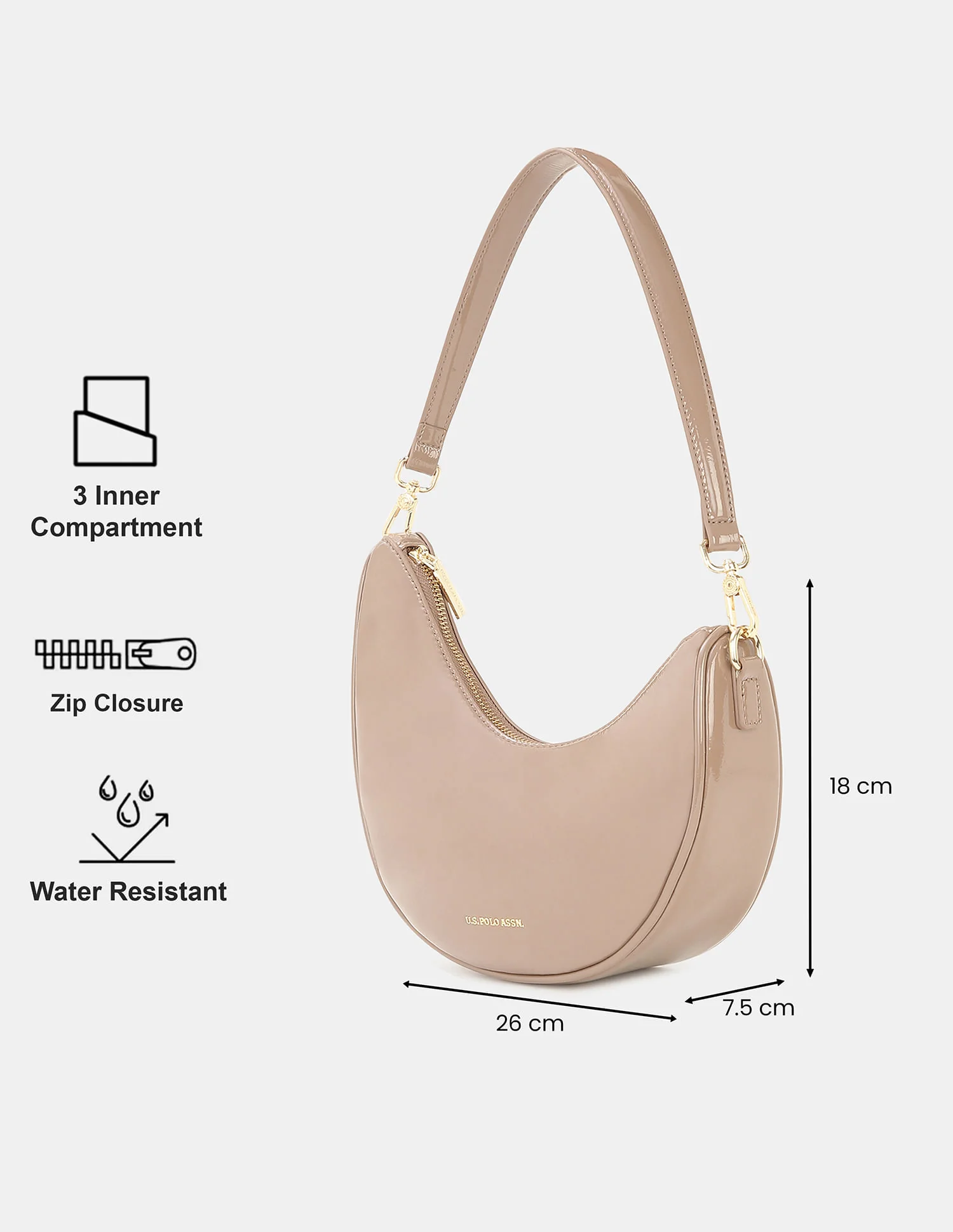 Women Belle Half-Moon Shoulder Bag with Patent Finish - Image 3