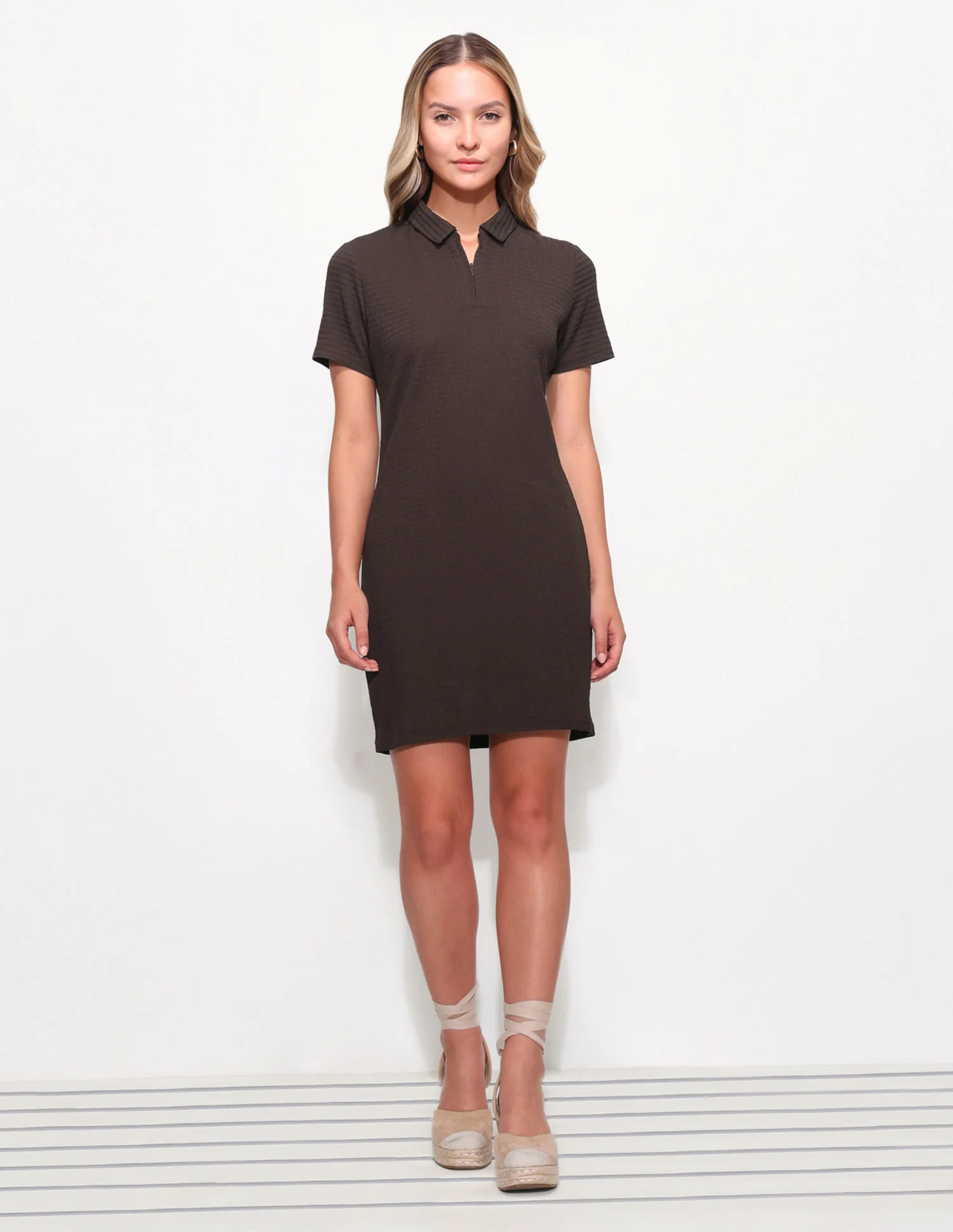 Zipper Collar Textured Short Polo Dress - Image 6