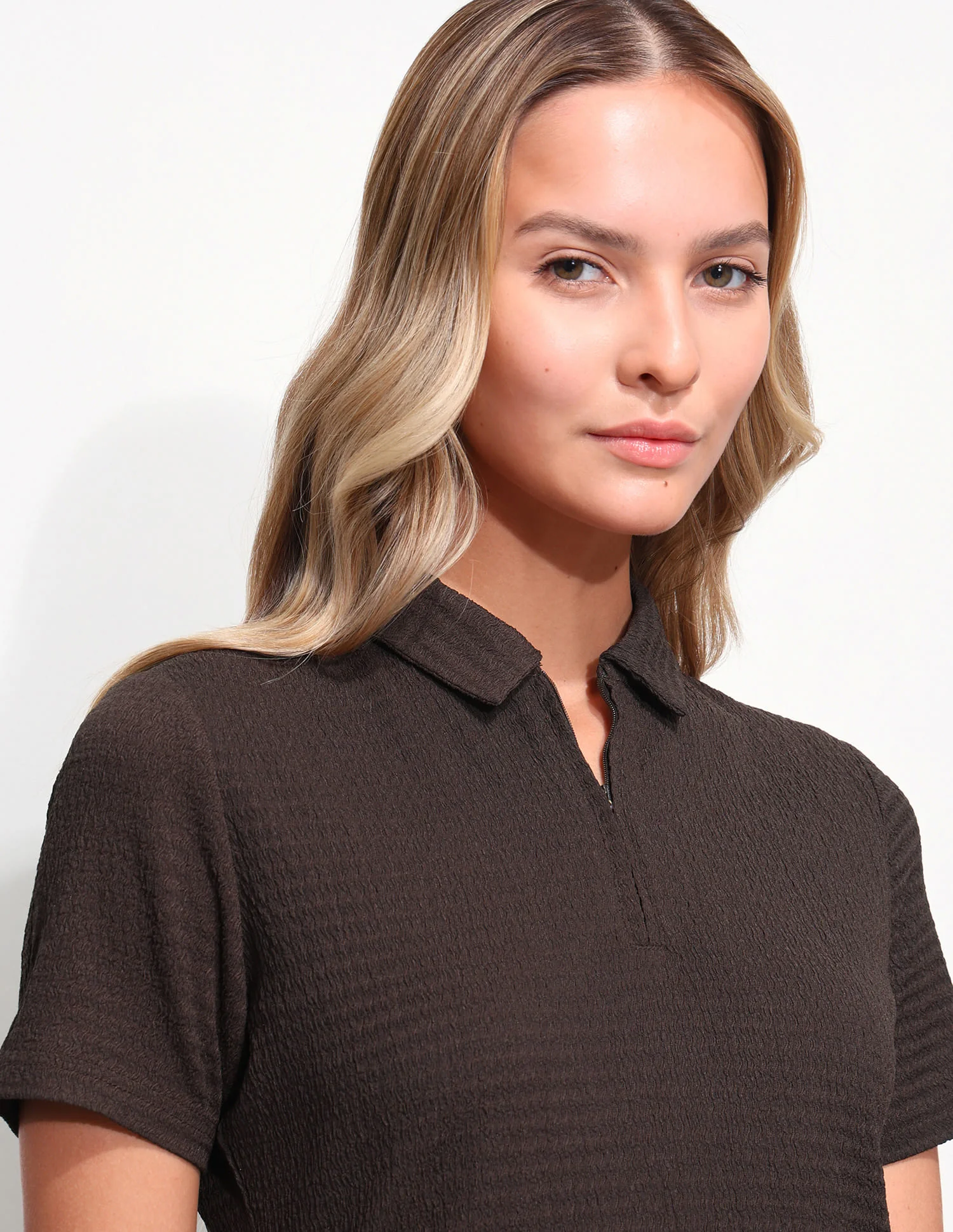 Zipper Collar Textured Short Polo Dress - Image 7