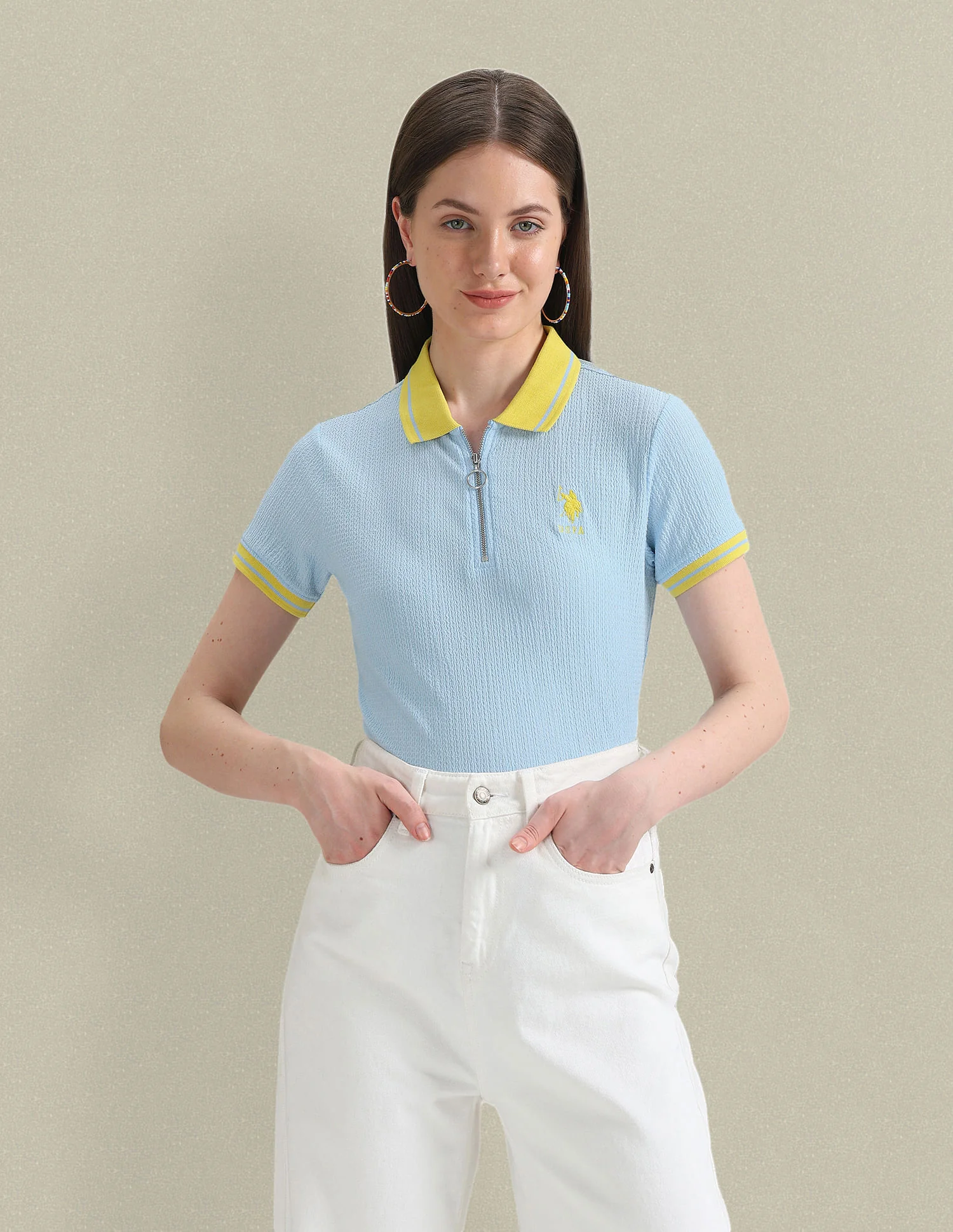 Zipper Placket Textured Polo Shirt - Image 6