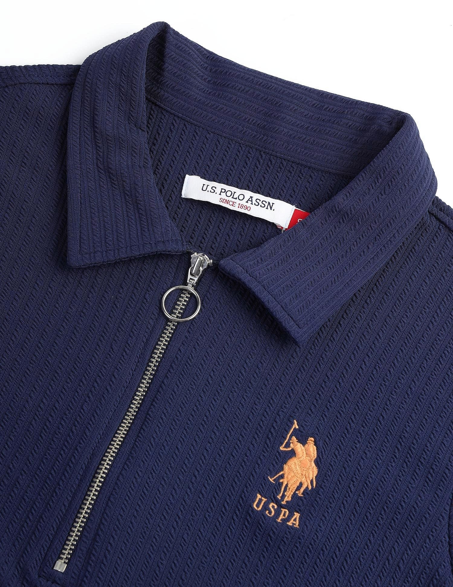 Zipper Placket Textured Polo Shirt - Image 8